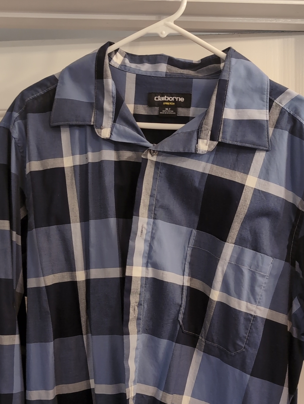 Claiborne Men’s Navy and Light Blue Plaid Button-Down Shirt